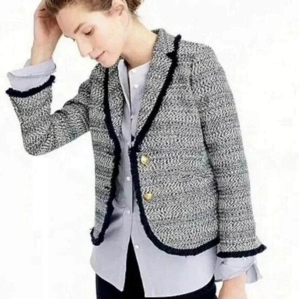 J. Crew Lady Jacket Blazer Size 2 Blue Tweed Fringe Trim Preppy Work Career